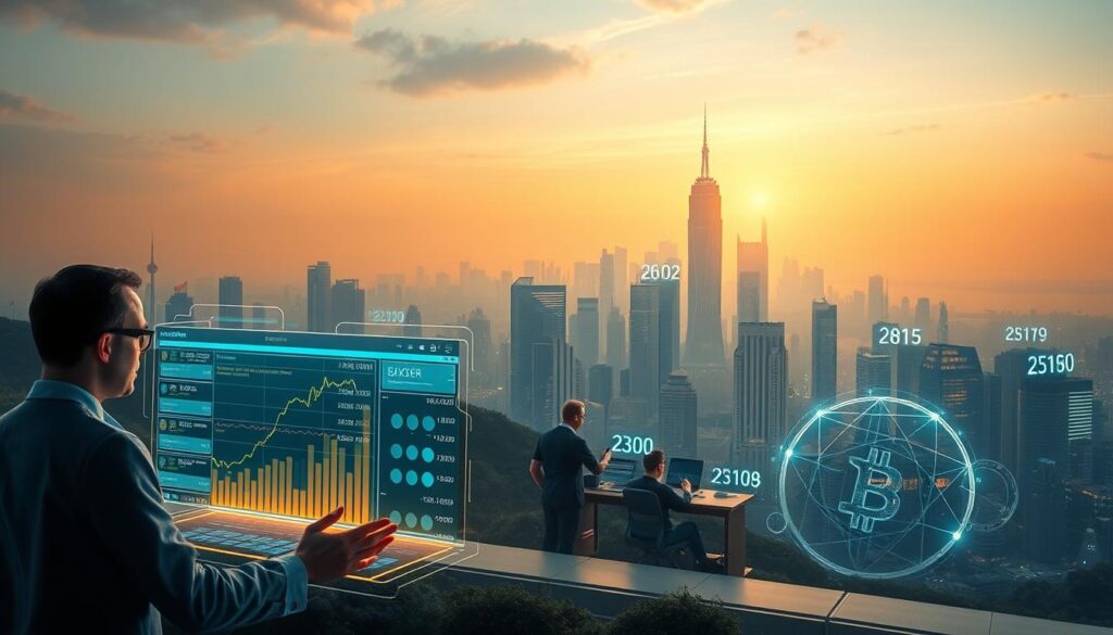 Anwendungsfälle von KI in der Bitcoin-Welt A serene, futuristic landscape depicting the intersection of artificial intelligence and the Bitcoin ecosystem. In the foreground, a holographic interface displays real-time cryptocurrency data and analytics, manipulated by the skilled hands of a data analyst. In the middle ground, a team of developers collaborate on innovative blockchain-based applications, their screens reflecting the glow of emerging technologies. The background showcases a towering city skyline, its skyscrapers adorned with luminous Bitcoin symbols, representing the integration of digital finance into the urban landscape. The scene is illuminated by a warm, diffused light, creating an atmosphere of technological progress and financial innovation. Anwendungsfälle von KI in der Bitcoin-Welt A serene, futuristic landscape depicting the intersection of artificial intelligence and the Bitcoin ecosystem. In the foreground, a holographic interface displays real-time cryptocurrency data and analytics, manipulated by the skilled hands of a data analyst. In the middle ground, a team of developers collaborate on innovative blockchain-based applications, their screens reflecting the glow of emerging technologies. The background showcases a towering city skyline, its skyscrapers adorned with luminous Bitcoin symbols, representing the integration of digital finance into the urban landscape. The scene is illuminated by a warm, diffused light, creating an atmosphere of technological progress and financial innovation.