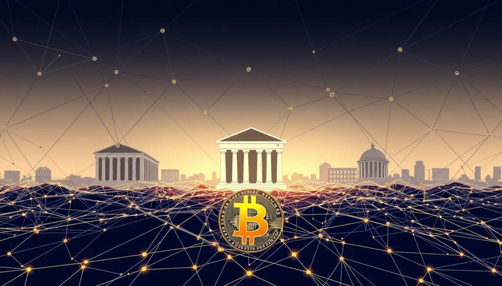 Centered in the frame, a complex web of intertwined lines and geometric shapes representing the intricate relationships between central banks and cryptocurrencies. In the foreground, a stylized visualization of Bitcoin's blockchain, its distributed network manifested as a pulsing grid of interconnected nodes. In the middle ground, the silhouettes of central bank buildings, their facades rendered in sleek, minimalist lines, symbolizing the traditional financial institutions. The background gradually fades into an ethereal, gradient-filled void, suggesting the disruptive potential of this new digital monetary paradigm. The overall composition conveys a sense of tension and dynamism, hinting at the ongoing transformative impact of cryptocurrencies on the global financial system. Centered in the frame, a complex web of intertwined lines and geometric shapes representing the intricate relationships between central banks and cryptocurrencies. In the foreground, a stylized visualization of Bitcoin's blockchain, its distributed network manifested as a pulsing grid of interconnected nodes. In the middle ground, the silhouettes of central bank buildings, their facades rendered in sleek, minimalist lines, symbolizing the traditional financial institutions. The background gradually fades into an ethereal, gradient-filled void, suggesting the disruptive potential of this new digital monetary paradigm. The overall composition conveys a sense of tension and dynamism, hinting at the ongoing transformative impact of cryptocurrencies on the global financial system.