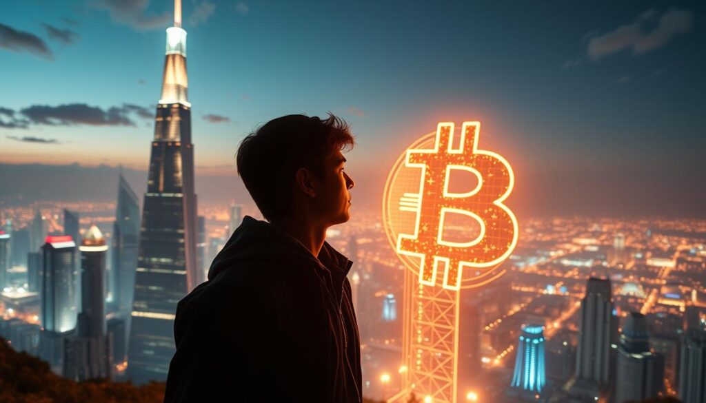Cryptocurrencies and retirement: a surreal, futuristic landscape depicting a young person standing before a towering holographic bitcoin symbol, their face lit by a warm, ethereal glow. In the background, a panorama of gleaming skyscrapers and a vibrant cityscape, hinting at the technological advancements that cryptocurrency could bring to the next generation's financial well-being. The scene is captured through a wide-angle lens, creating a sense of grandeur and possibility. Soft, directional lighting casts dramatic shadows, imbuing the image with a sense of wonder and optimism about the role of digital assets in shaping a new era of retirement planning. Cryptocurrencies and retirement: a surreal, futuristic landscape depicting a young person standing before a towering holographic bitcoin symbol, their face lit by a warm, ethereal glow. In the background, a panorama of gleaming skyscrapers and a vibrant cityscape, hinting at the technological advancements that cryptocurrency could bring to the next generation's financial well-being. The scene is captured through a wide-angle lens, creating a sense of grandeur and possibility. Soft, directional lighting casts dramatic shadows, imbuing the image with a sense of wonder and optimism about the role of digital assets in shaping a new era of retirement planning.