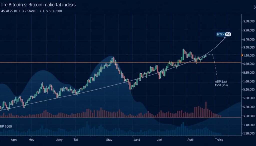 Detailed financial chart depicting the correlation between Bitcoin and traditional market indices like the S&P 500. A sleek, minimalist visualization with clean lines, gradients, and data visualizations. Subtle colors and a professional, analytical aesthetic. The chart shows the price trends of Bitcoin and major stock indexes overlaid, highlighting the increasing alignment between the cryptocurrency and legacy asset classes. A cool, understated mood with sharp, precise rendering and precise data points. Detailed financial chart depicting the correlation between Bitcoin and traditional market indices like the S&P 500. A sleek, minimalist visualization with clean lines, gradients, and data visualizations. Subtle colors and a professional, analytical aesthetic. The chart shows the price trends of Bitcoin and major stock indexes overlaid, highlighting the increasing alignment between the cryptocurrency and legacy asset classes. A cool, understated mood with sharp, precise rendering and precise data points.