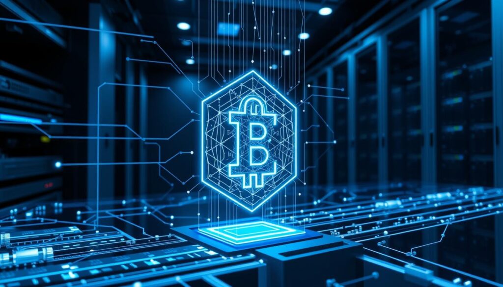 Detailed, high-resolution image of a secure blockchain system. The foreground depicts a futuristic, holographic display showcasing a complex blockchain network with nodes, transactions, and cryptographic protocols. The middle ground features sleek, silver-grey hardware components such as servers, cooling systems, and security devices. The background shows a minimalist, dimly lit data center with a sense of depth and scale, emphasizing the infrastructure powering the blockchain. Crisp, blue-tinted lighting casts an aura of technological sophistication, while subtle, ambient shadows create depth and drama. The overall mood is one of cutting-edge security, stability, and innovation, reflecting the key aspects of blockchain technology. Detailed, high-resolution image of a secure blockchain system. The foreground depicts a futuristic, holographic display showcasing a complex blockchain network with nodes, transactions, and cryptographic protocols. The middle ground features sleek, silver-grey hardware components such as servers, cooling systems, and security devices. The background shows a minimalist, dimly lit data center with a sense of depth and scale, emphasizing the infrastructure powering the blockchain. Crisp, blue-tinted lighting casts an aura of technological sophistication, while subtle, ambient shadows create depth and drama. The overall mood is one of cutting-edge security, stability, and innovation, reflecting the key aspects of blockchain technology.