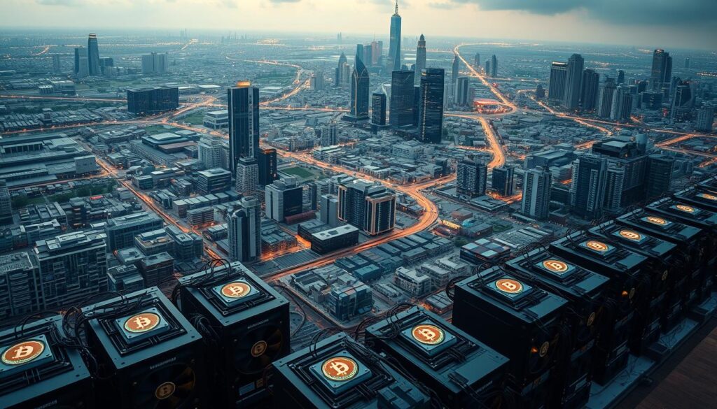 Dezentralisierung bei Bitcoin: A detailed aerial view of a vibrant, decentralized Bitcoin mining network. In the foreground, mining rigs hum with activity, their cooling fans casting a gentle glow. The middle ground reveals a diverse array of transaction nodes, each representing a participant in the global, peer-to-peer financial system. In the background, a sprawling cityscape symbolizes Bitcoin's widespread adoption, with skyscrapers and infrastructure powered by the decentralized blockchain. Soft, diffused lighting illuminates the scene, conveying a sense of harmony and technological progress. The overall atmosphere is one of innovation, security, and the empowerment of individual economic freedom. Dezentralisierung bei Bitcoin: A detailed aerial view of a vibrant, decentralized Bitcoin mining network. In the foreground, mining rigs hum with activity, their cooling fans casting a gentle glow. The middle ground reveals a diverse array of transaction nodes, each representing a participant in the global, peer-to-peer financial system. In the background, a sprawling cityscape symbolizes Bitcoin's widespread adoption, with skyscrapers and infrastructure powered by the decentralized blockchain. Soft, diffused lighting illuminates the scene, conveying a sense of harmony and technological progress. The overall atmosphere is one of innovation, security, and the empowerment of individual economic freedom.