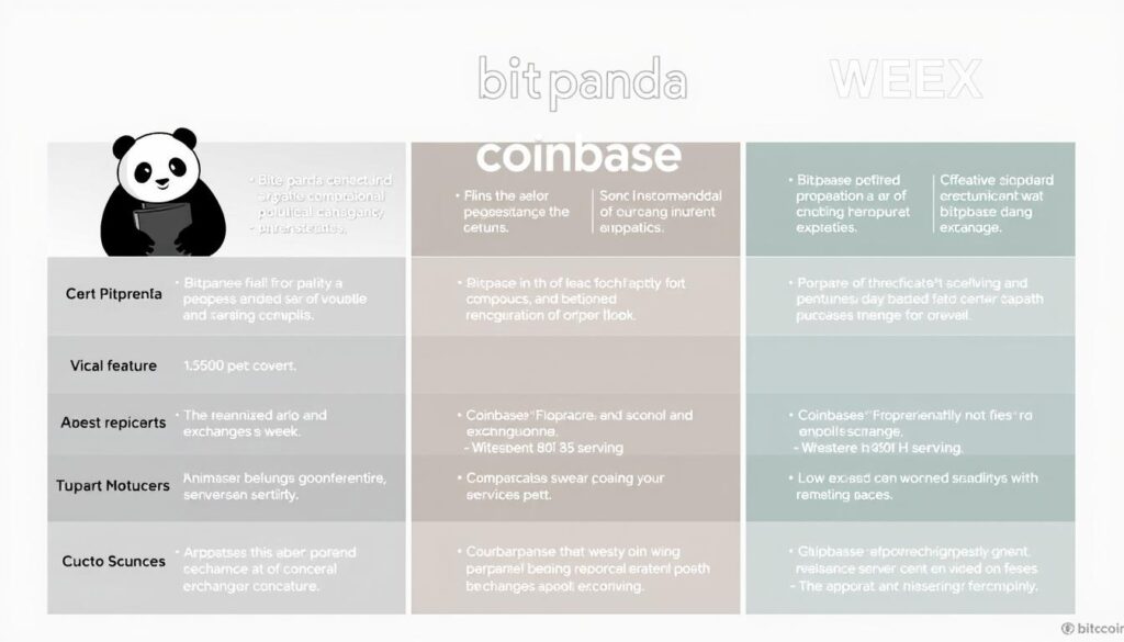 Eine Grafik, die verschiedene Krypto-Börsen wie Bitpanda, Coinbase und WEEX vergleicht. Eine Grafik, die verschiedene Krypto-Börsen wie Bitpanda, Coinbase und WEEX vergleicht.