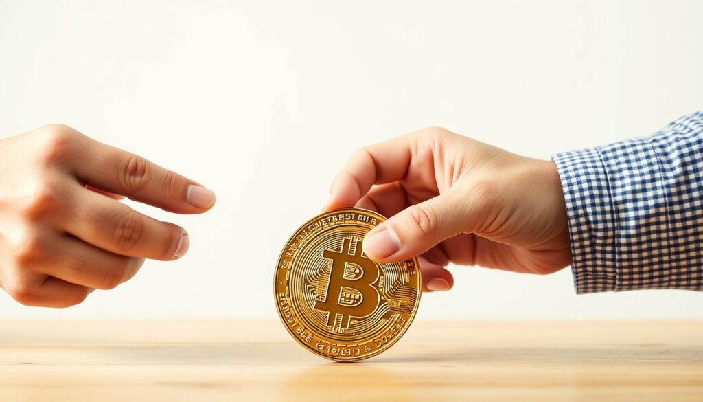Generieren Sie ein Bild von einer Person, die eine Spende mit Bitcoin leistet. Generieren Sie ein Bild von einer Person, die eine Spende mit Bitcoin leistet.