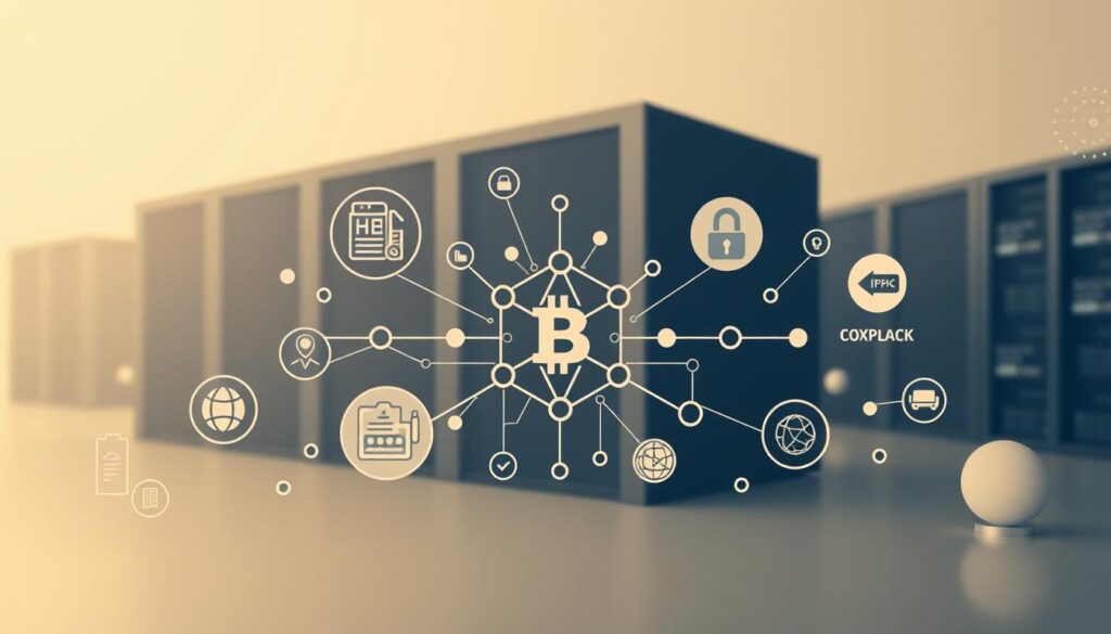 High-quality, detailed image of various Blockchain applications and use cases, showcasing the technology's versatility beyond just Bitcoin. Set in a sleek, minimalist style with a muted color palette, soft lighting, and a clean, modern composition. The foreground features stylized icons or illustrations representing different Blockchain use cases such as supply chain tracking, digital identity, smart contracts, and decentralized finance. The middle ground shows a stylized Blockchain network visual with nodes, connections, and data flows. The background subtly suggests a technological or futuristic environment, possibly with hints of data centers, server racks, or abstract digital patterns. The overall mood is one of sophisticated technology, innovation, and the boundless potential of Blockchain. High-quality, detailed image of various Blockchain applications and use cases, showcasing the technology's versatility beyond just Bitcoin. Set in a sleek, minimalist style with a muted color palette, soft lighting, and a clean, modern composition. The foreground features stylized icons or illustrations representing different Blockchain use cases such as supply chain tracking, digital identity, smart contracts, and decentralized finance. The middle ground shows a stylized Blockchain network visual with nodes, connections, and data flows. The background subtly suggests a technological or futuristic environment, possibly with hints of data centers, server racks, or abstract digital patterns. The overall mood is one of sophisticated technology, innovation, and the boundless potential of Blockchain.