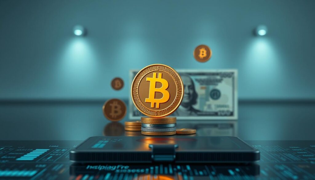 Prompt A detailed, hyper-realistic illustration of the security aspects of cryptocurrencies compared to traditional fiat money. In the foreground, a digital wallet or cryptocurrency exchange interface is depicted, showcasing secure data encryption, multi-factor authentication, and other cybersecurity measures. In the middle ground, digital currency tokens or coins float against a backdrop of traditional banknotes, symbolizing the contrast between the two financial systems. The background depicts a serene, minimalist environment with subtle lighting, emphasizing the technical and operational differences between crypto and fiat. The overall mood is one of modernity, innovation, and carefully balanced security.