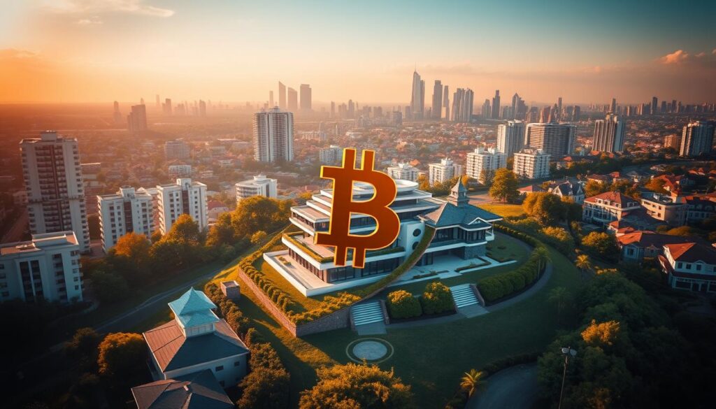 Prompt A striking aerial view of a city skyline, with modern high-rise buildings and skyscrapers in the background. In the foreground, a luxurious mansion stands prominently, its sleek, contemporary architecture and well-manicured grounds suggesting an affluent neighborhood. In the center of the frame, a prominent Bitcoin logo is superimposed, glowing with a warm, metallic luster, symbolizing the intersection of cryptocurrency and real estate. The scene is bathed in a warm, golden light, creating a sense of wealth, prestige, and technological innovation. The overall composition conveys the idea of Bitcoin being used to purchase high-end, international properties. Prompt A striking aerial view of a city skyline, with modern high-rise buildings and skyscrapers in the background. In the foreground, a luxurious mansion stands prominently, its sleek, contemporary architecture and well-manicured grounds suggesting an affluent neighborhood. In the center of the frame, a prominent Bitcoin logo is superimposed, glowing with a warm, metallic luster, symbolizing the intersection of cryptocurrency and real estate. The scene is bathed in a warm, golden light, creating a sense of wealth, prestige, and technological innovation. The overall composition conveys the idea of Bitcoin being used to purchase high-end, international properties.