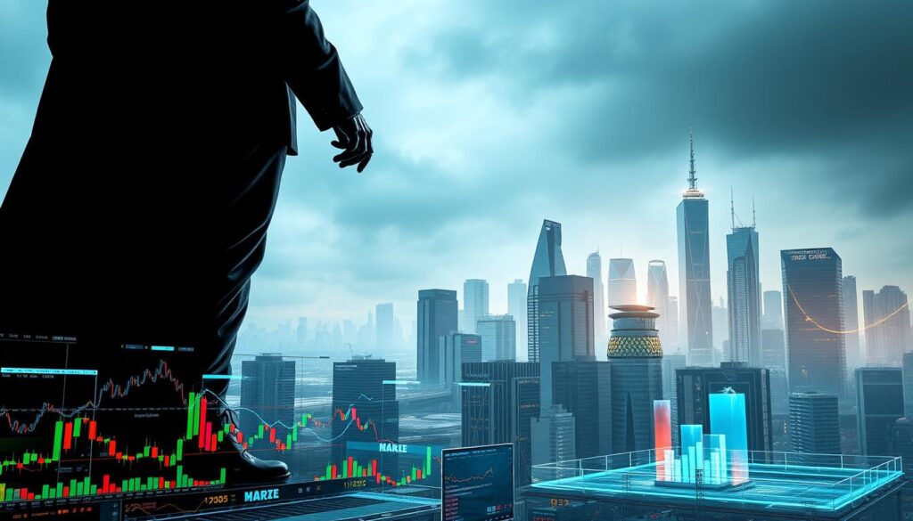 Prompt A striking rendering of "Kryptowährungen Regulierung" (Cryptocurrency Regulation) against a backdrop of a cityscape. In the foreground, a towering figure representing government authority looms, casting a long shadow over a bustling crypto trading floor. Multicolored graphs and charts float amidst holographic interfaces, conveying the complexity and volatility of the digital currency market. The midground features a cluster of skyscrapers, their glass facades reflecting the ebb and flow of the cryptocurrency exchange. The background is bathed in a cool, metallic glow, creating a sense of a high-tech, futuristic setting. The overall scene evokes the tensions between the regulatory forces and the dynamic, decentralized nature of the cryptocurrency ecosystem. Prompt A striking rendering of "Kryptowährungen Regulierung" (Cryptocurrency Regulation) against a backdrop of a cityscape. In the foreground, a towering figure representing government authority looms, casting a long shadow over a bustling crypto trading floor. Multicolored graphs and charts float amidst holographic interfaces, conveying the complexity and volatility of the digital currency market. The midground features a cluster of skyscrapers, their glass facades reflecting the ebb and flow of the cryptocurrency exchange. The background is bathed in a cool, metallic glow, creating a sense of a high-tech, futuristic setting. The overall scene evokes the tensions between the regulatory forces and the dynamic, decentralized nature of the cryptocurrency ecosystem.
