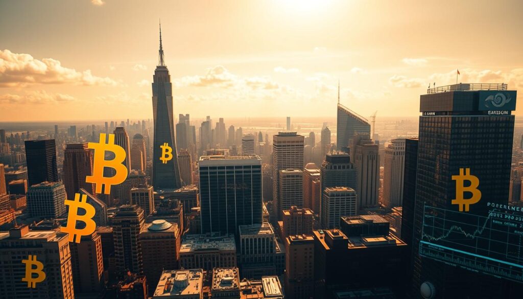 a highly detailed, wide-angle, cinematic photograph of a bustling city skyline with towering skyscrapers and modern architecture, set against a vibrant, cloudless sky. In the foreground, various financial and cryptocurrency-related symbols and icons are prominently displayed, such as bitcoin logos, stock market charts, and digital currency exchange interfaces, conveying a sense of the regulatory landscape surrounding cryptocurrencies. The lighting is warm and golden, creating a sense of economic growth and optimism. The scene captures the intersection of traditional finance and the emerging world of digital assets, reflecting the theme of "Regulatorische Entwicklungen im Kryptomarkt". a highly detailed, wide-angle, cinematic photograph of a bustling city skyline with towering skyscrapers and modern architecture, set against a vibrant, cloudless sky. In the foreground, various financial and cryptocurrency-related symbols and icons are prominently displayed, such as bitcoin logos, stock market charts, and digital currency exchange interfaces, conveying a sense of the regulatory landscape surrounding cryptocurrencies. The lighting is warm and golden, creating a sense of economic growth and optimism. The scene captures the intersection of traditional finance and the emerging world of digital assets, reflecting the theme of "Regulatorische Entwicklungen im Kryptomarkt".